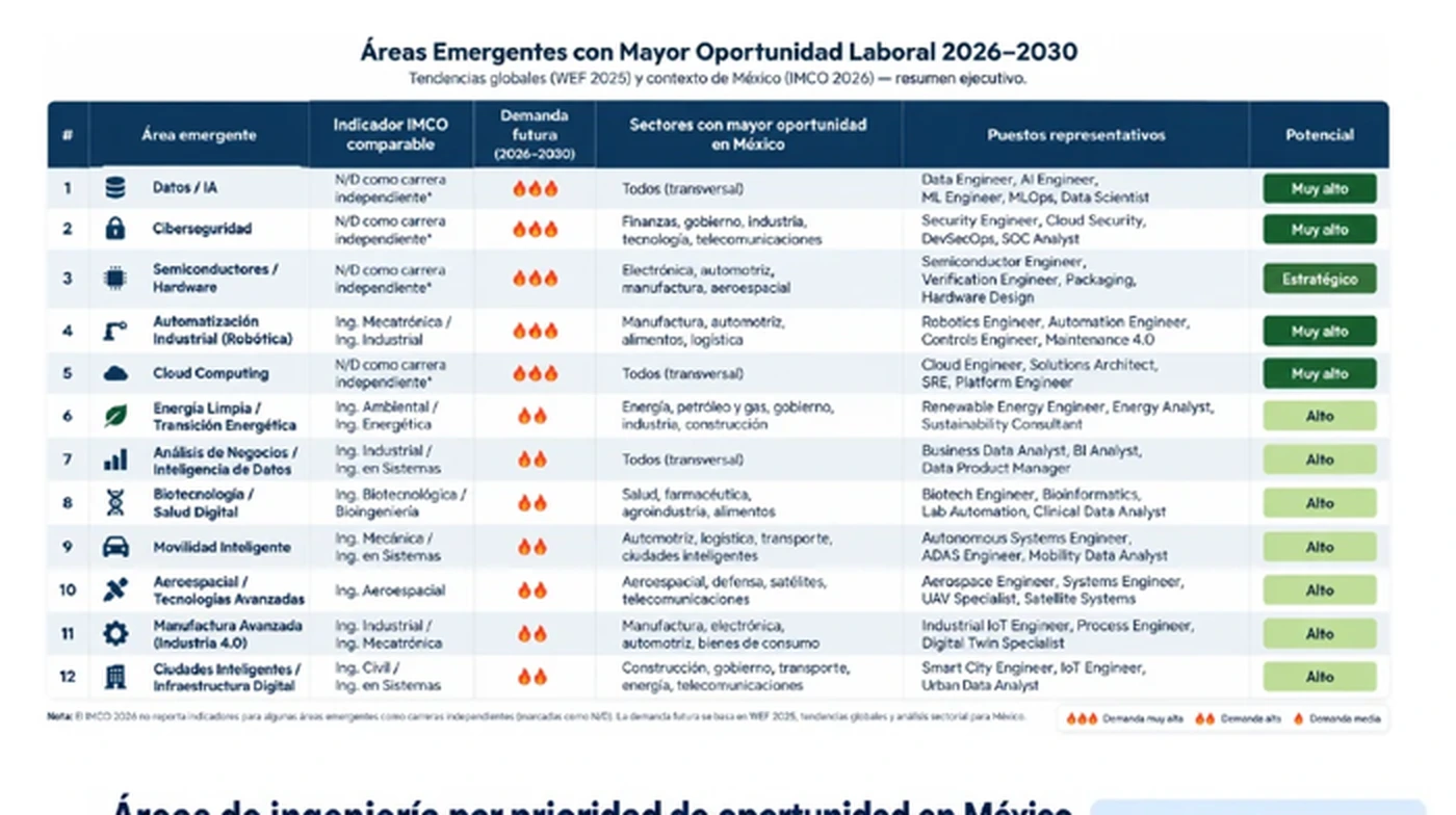 Áreas emergentes con mayor oportunidad laboral 2026–2030